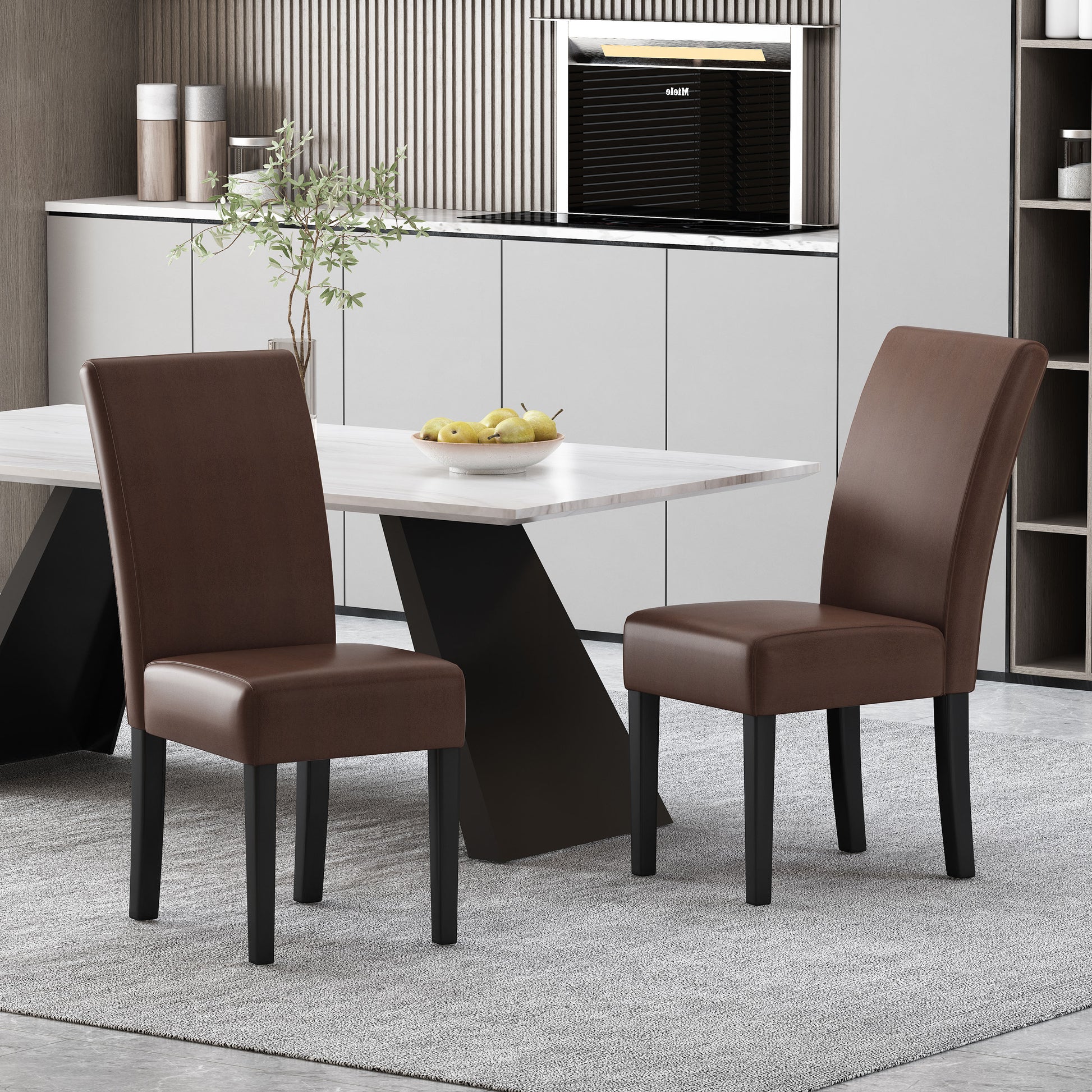 Brown faux leather dining chair with black legs