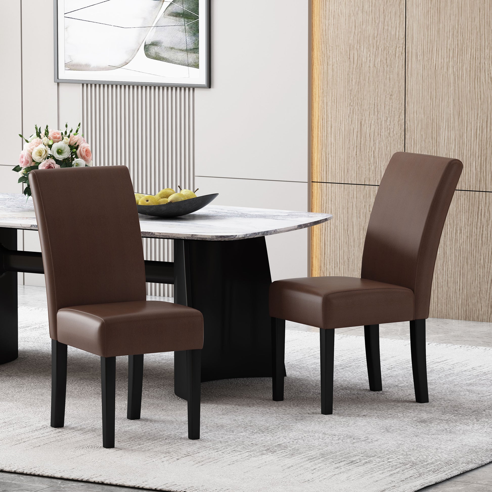 Brown faux leather dining chair with dark wooden legs