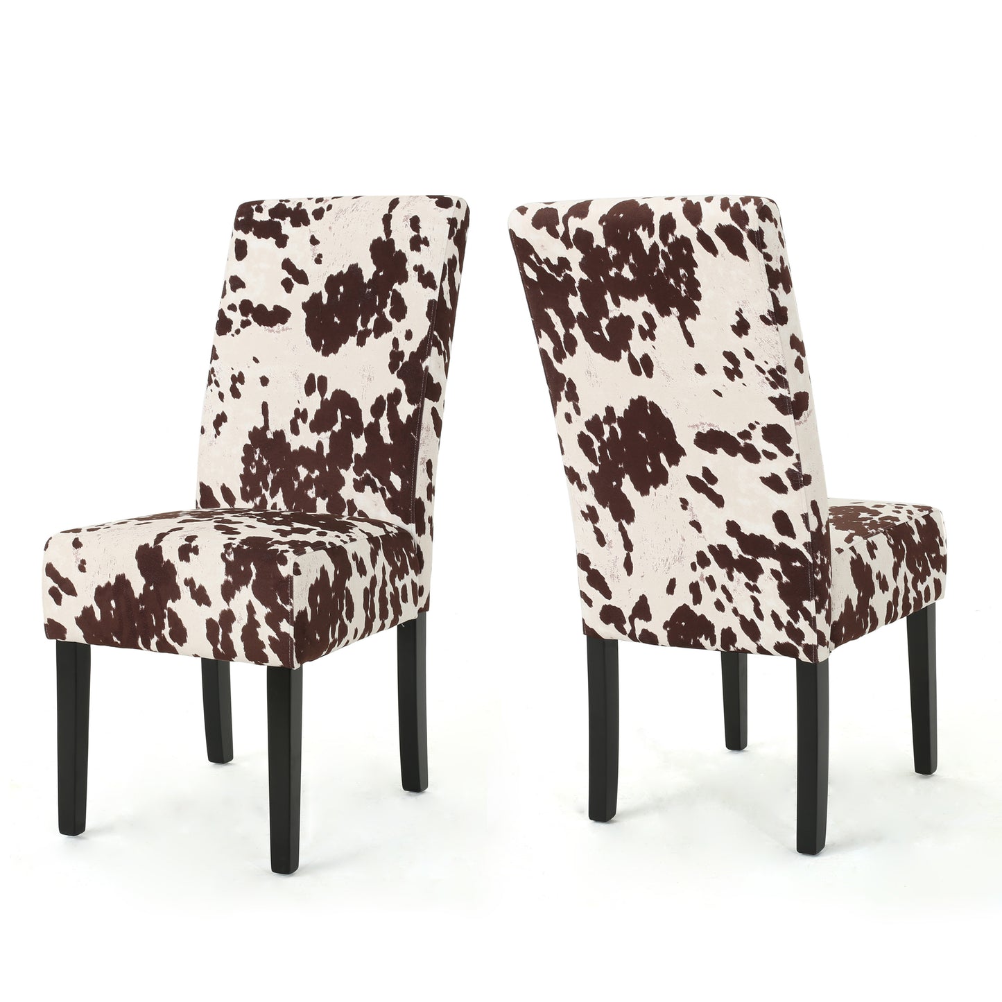 Cow print accent chair with dark wood legs