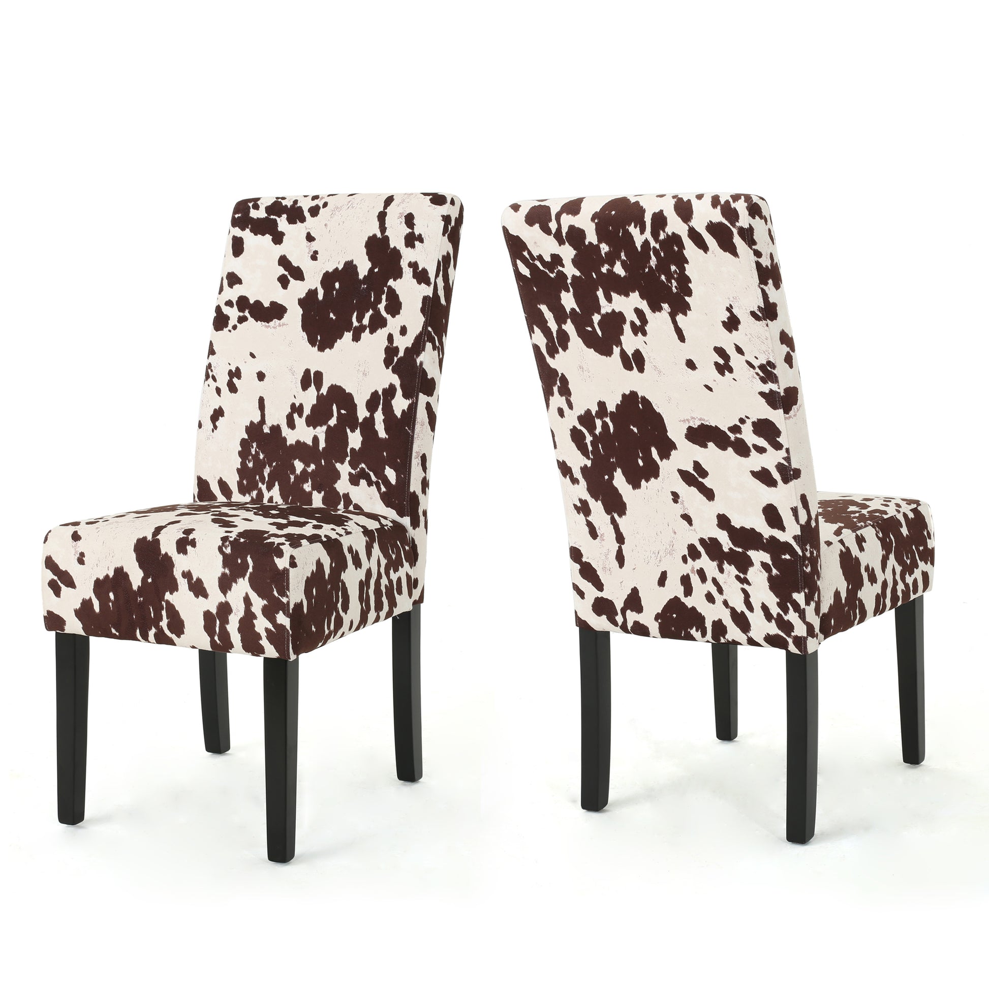 Cow print accent chair with dark wood legs