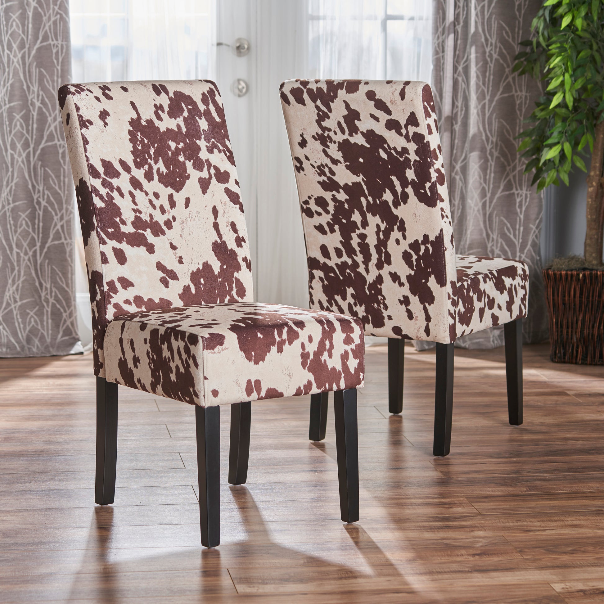 Brown and cream cowhide print dining chair