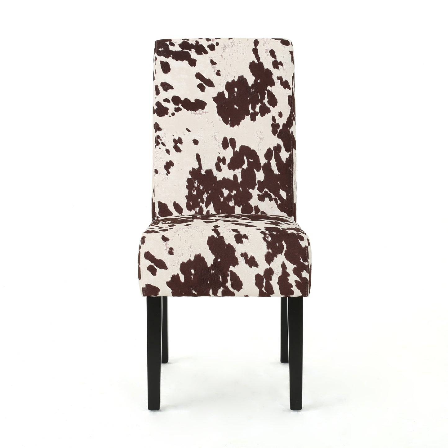 Brown and white cowhide print dining chair with black legs