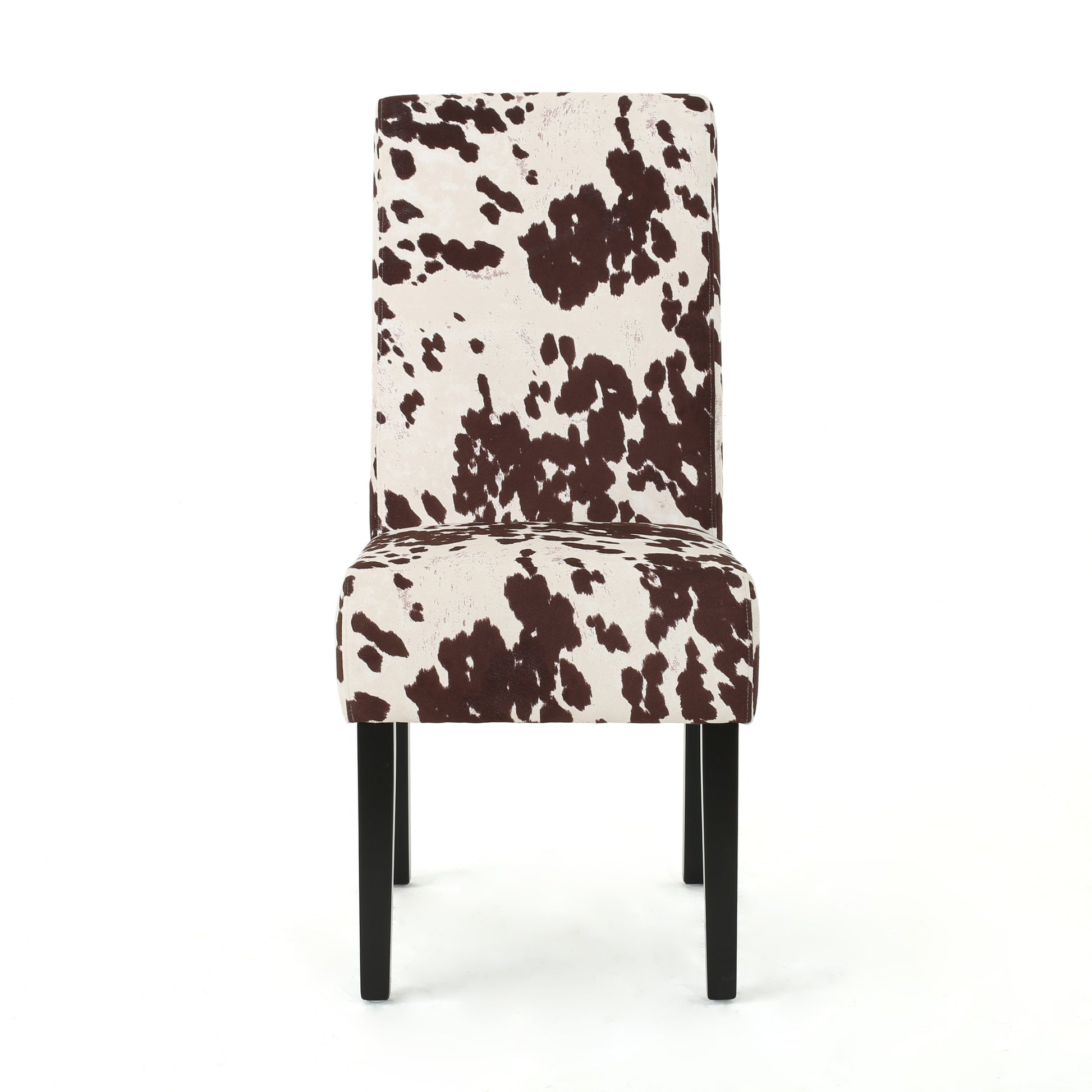 Brown and white cowhide print dining chair with black legs