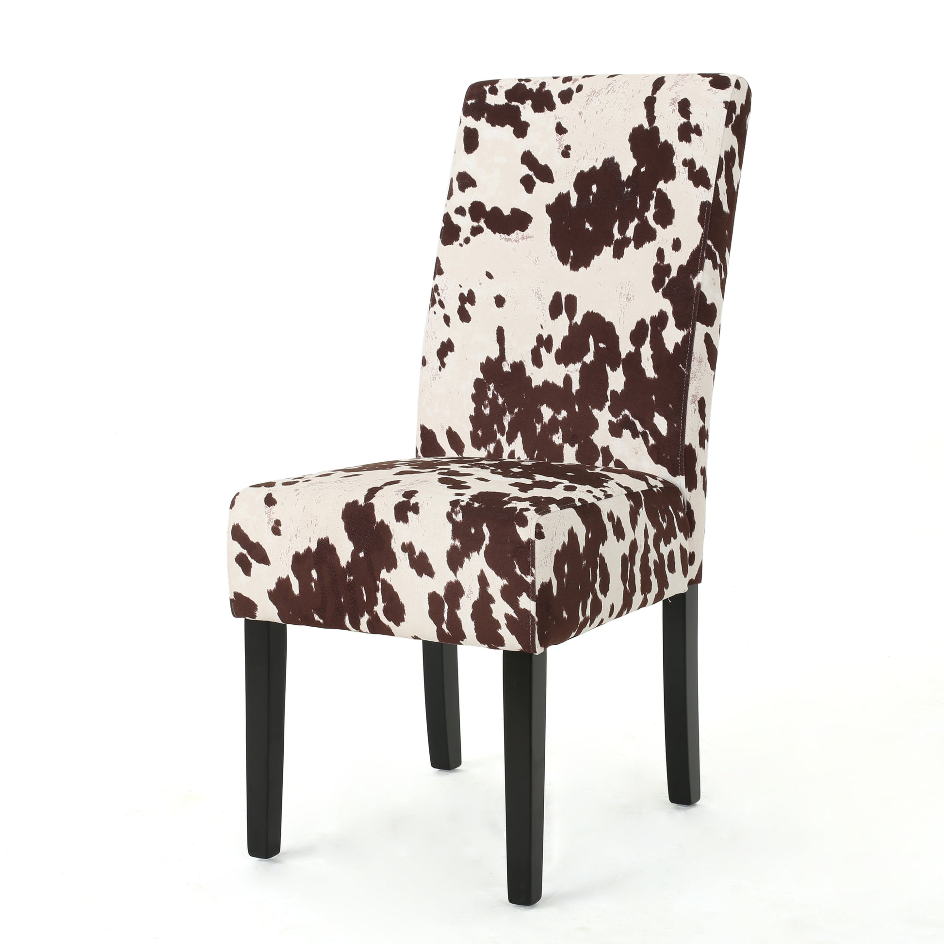 Cow print upholstered dining chair with dark wood legs