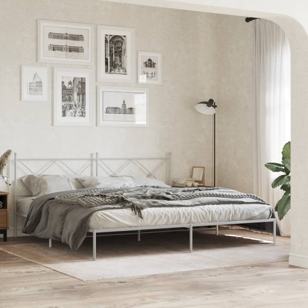 White metal bed frame with geometric headboard and footboard