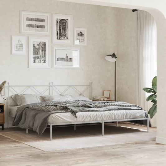 White metal bed frame with geometric headboard and footboard