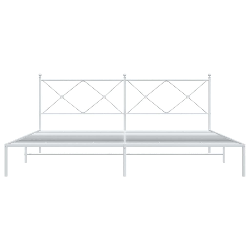 White metal platform bed frame with diamondshaped headboard