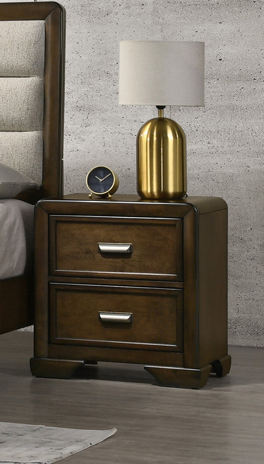 Dark wood nightstand with two drawers and silver pulls