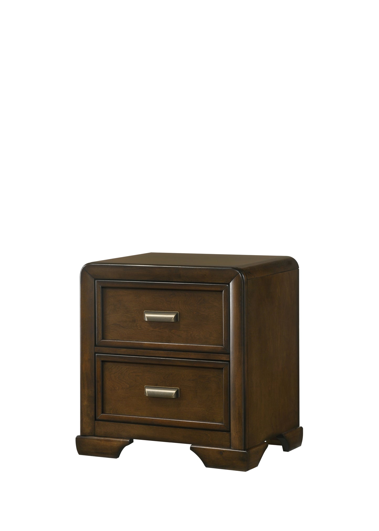 Dark brown wood nightstand with two drawers and brushed nickel pulls
