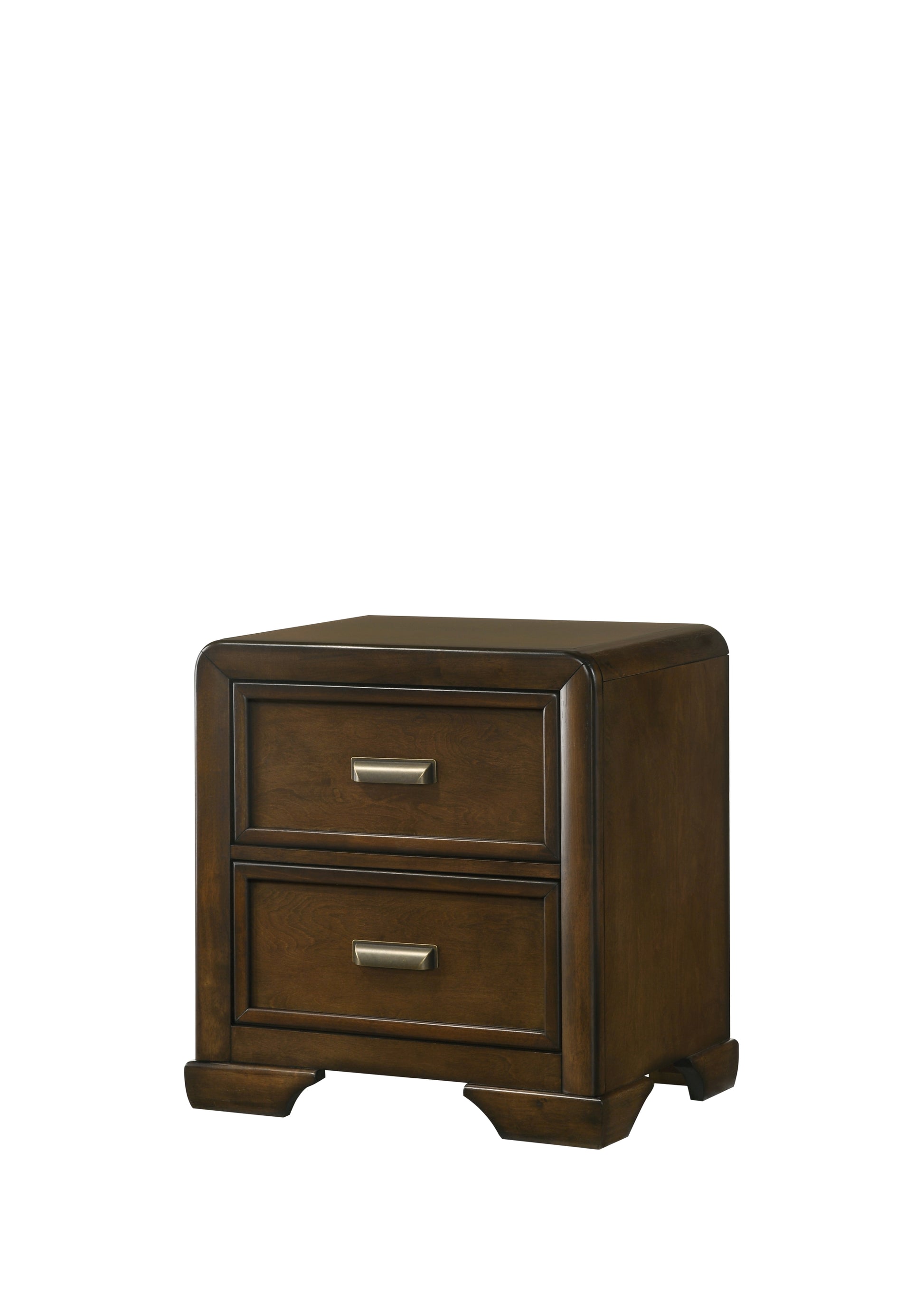Dark brown wood nightstand with two drawers and brushed nickel pulls