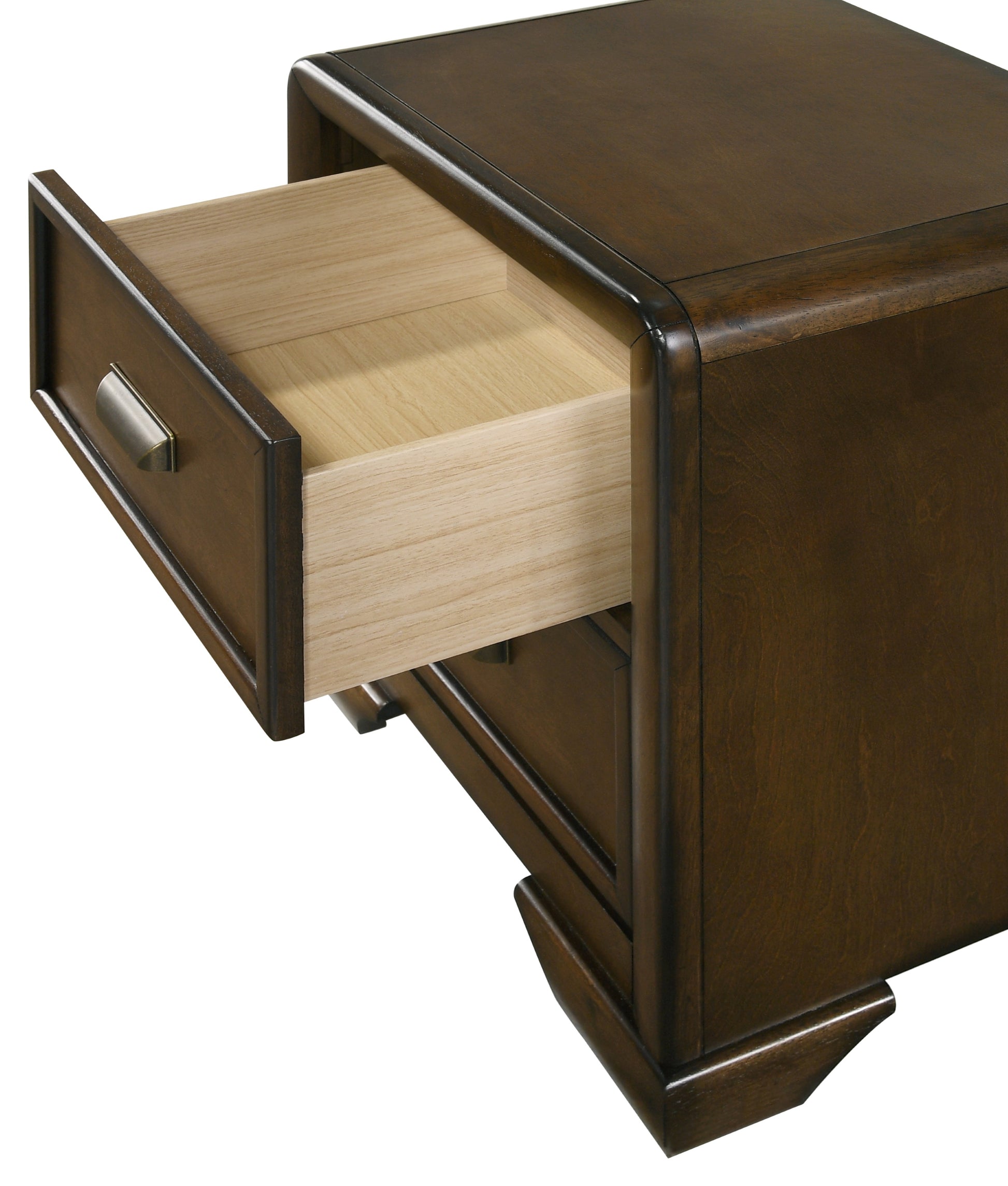 Dark brown wood nightstand with one open drawer and brushed metal handle