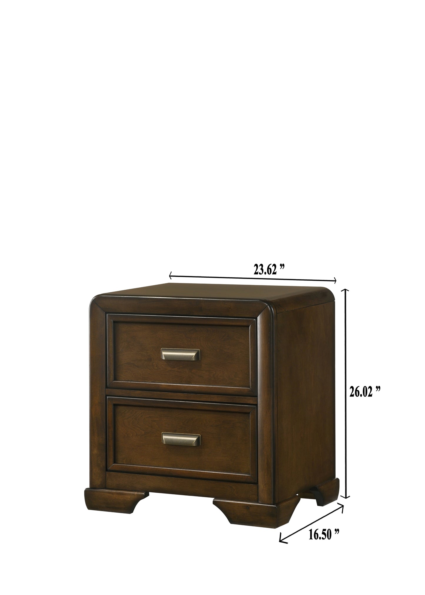 Dark wood nightstand with two drawers and brushed nickel pulls