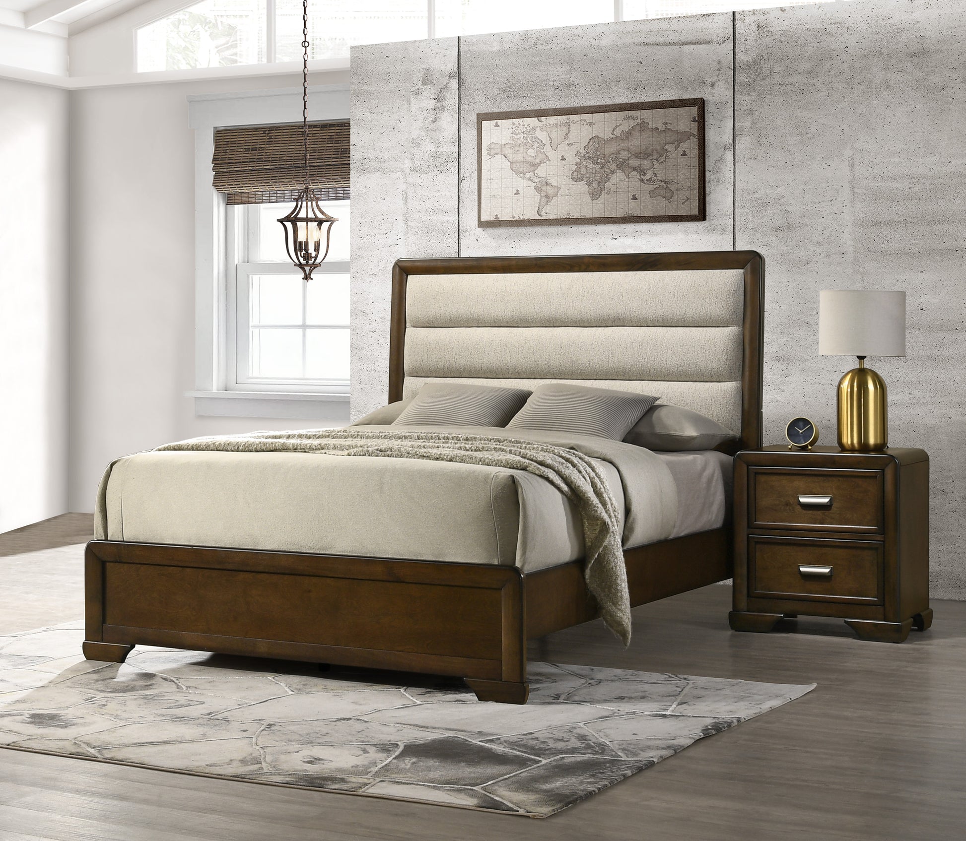 Dark wood king bed frame with upholstered horizontal tufted headboard and beige bedding