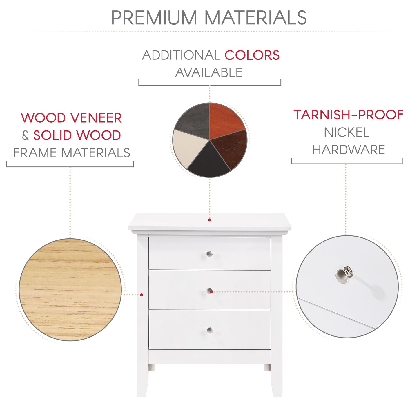 White threedrawer nightstand with brushed nickel hardware
