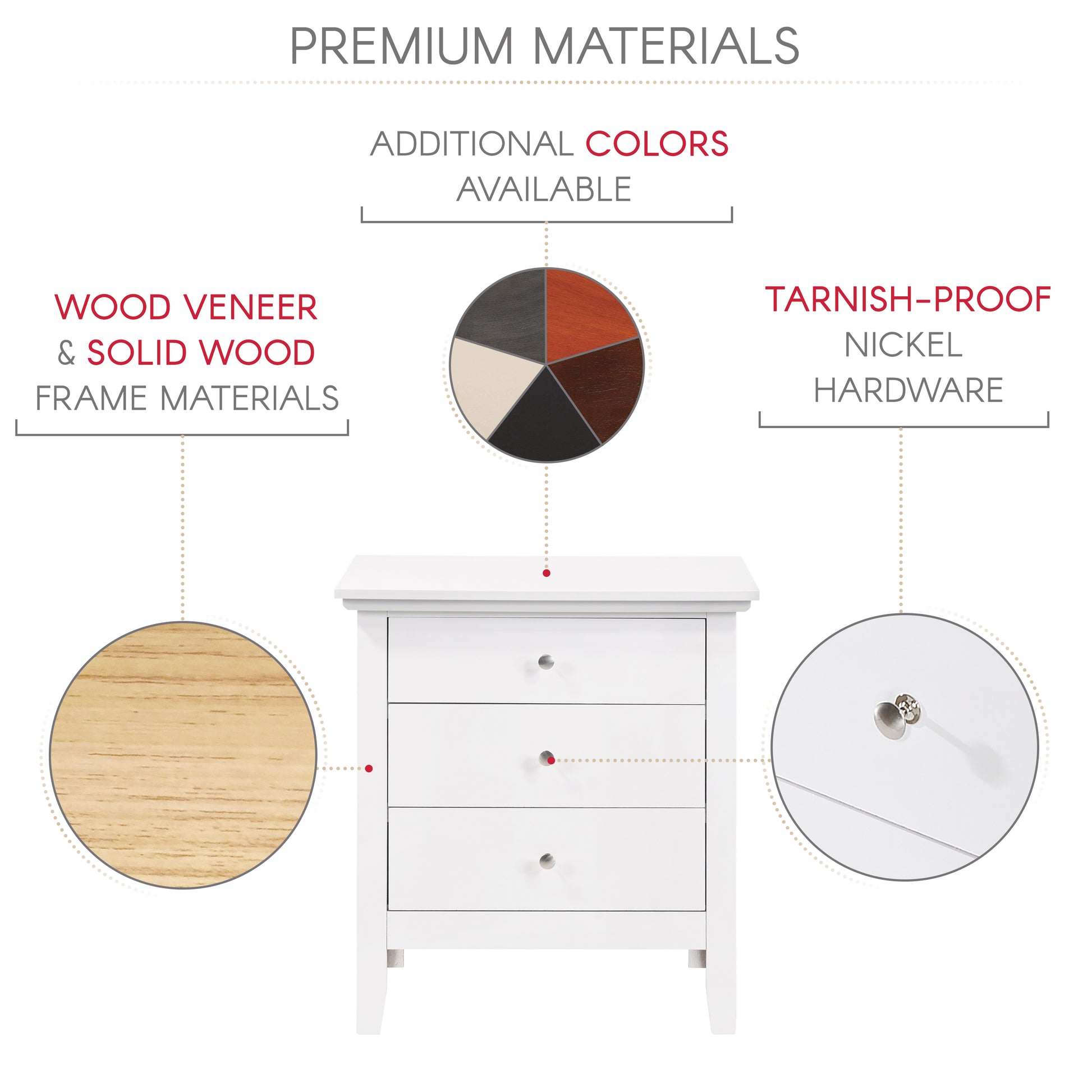 White threedrawer nightstand with brushed nickel hardware