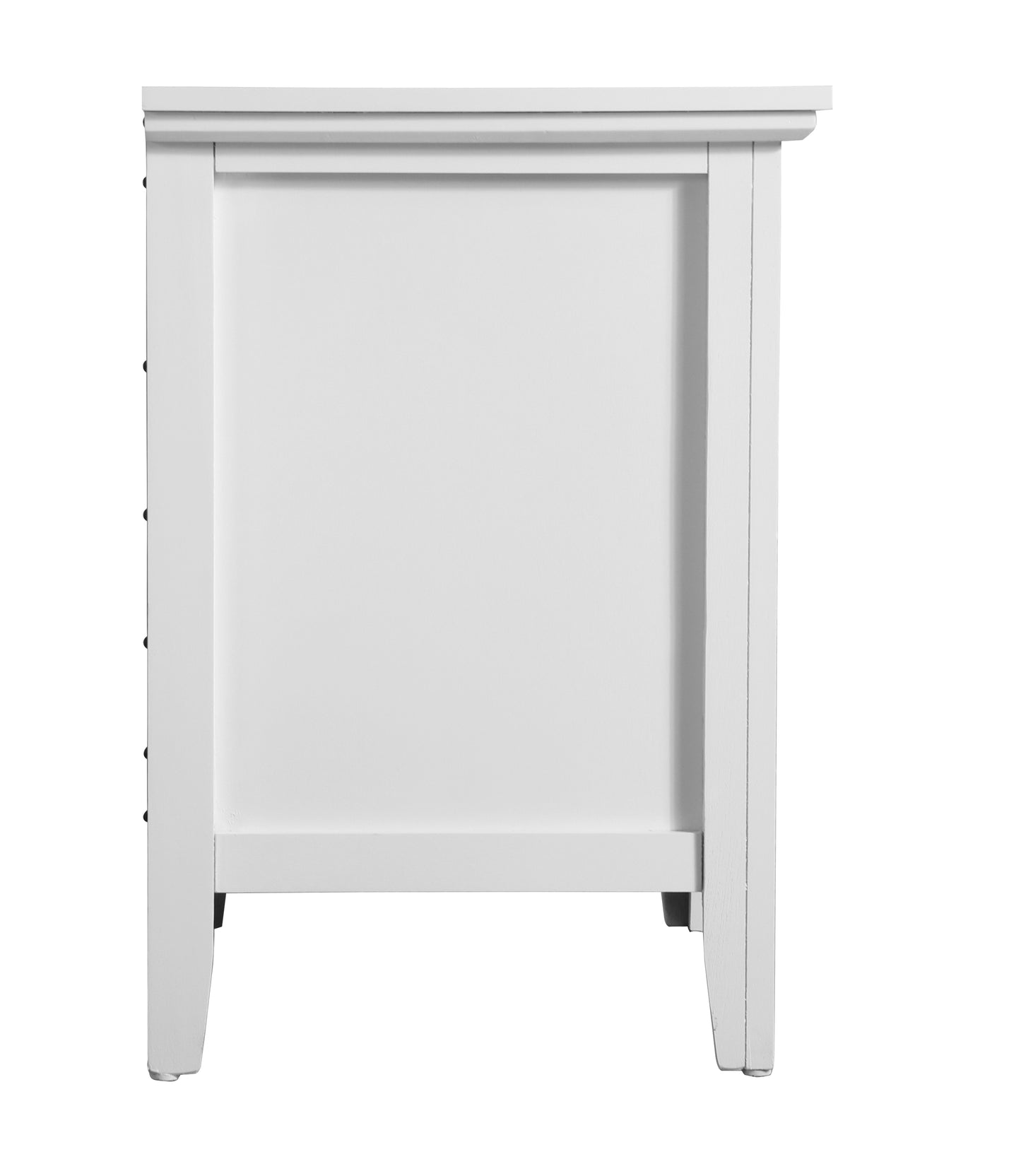 White painted wood dresser side view with subtle detailing