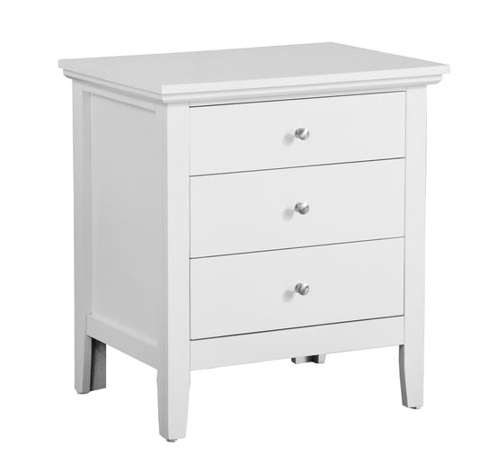 White threedrawer wooden nightstand with brushed nickel knobs