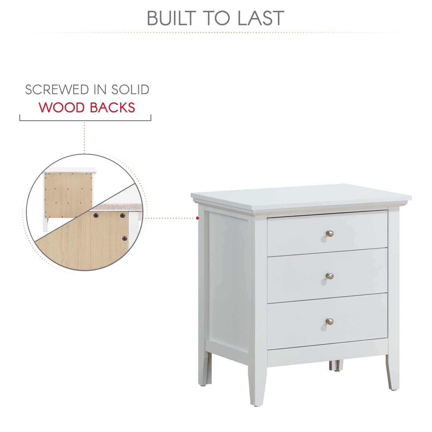 White threedrawer nightstand with silver knobs and a detailed view of its solid wood back panel
