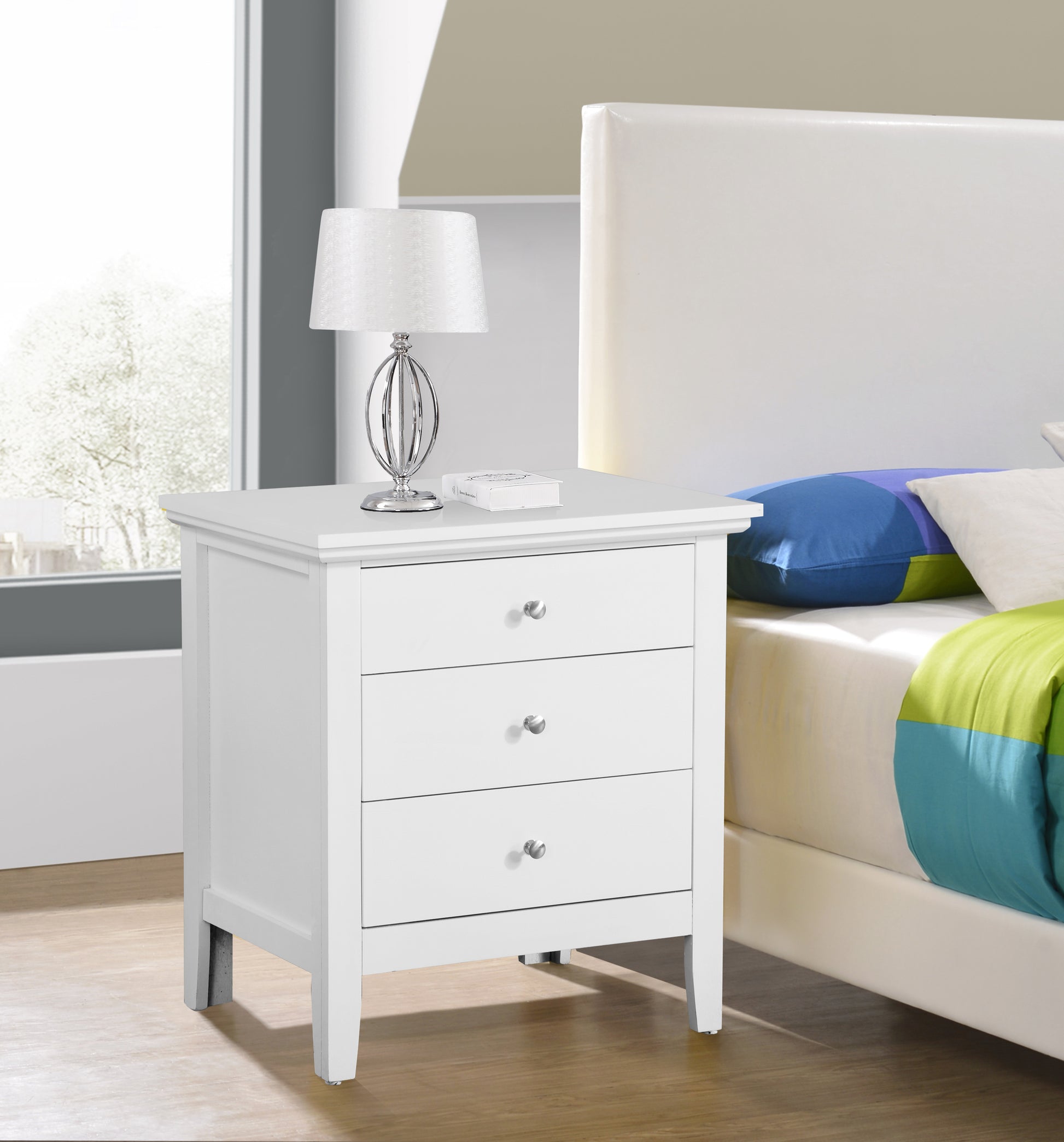 Modern white drawer nightstand with brushed nickel knobs