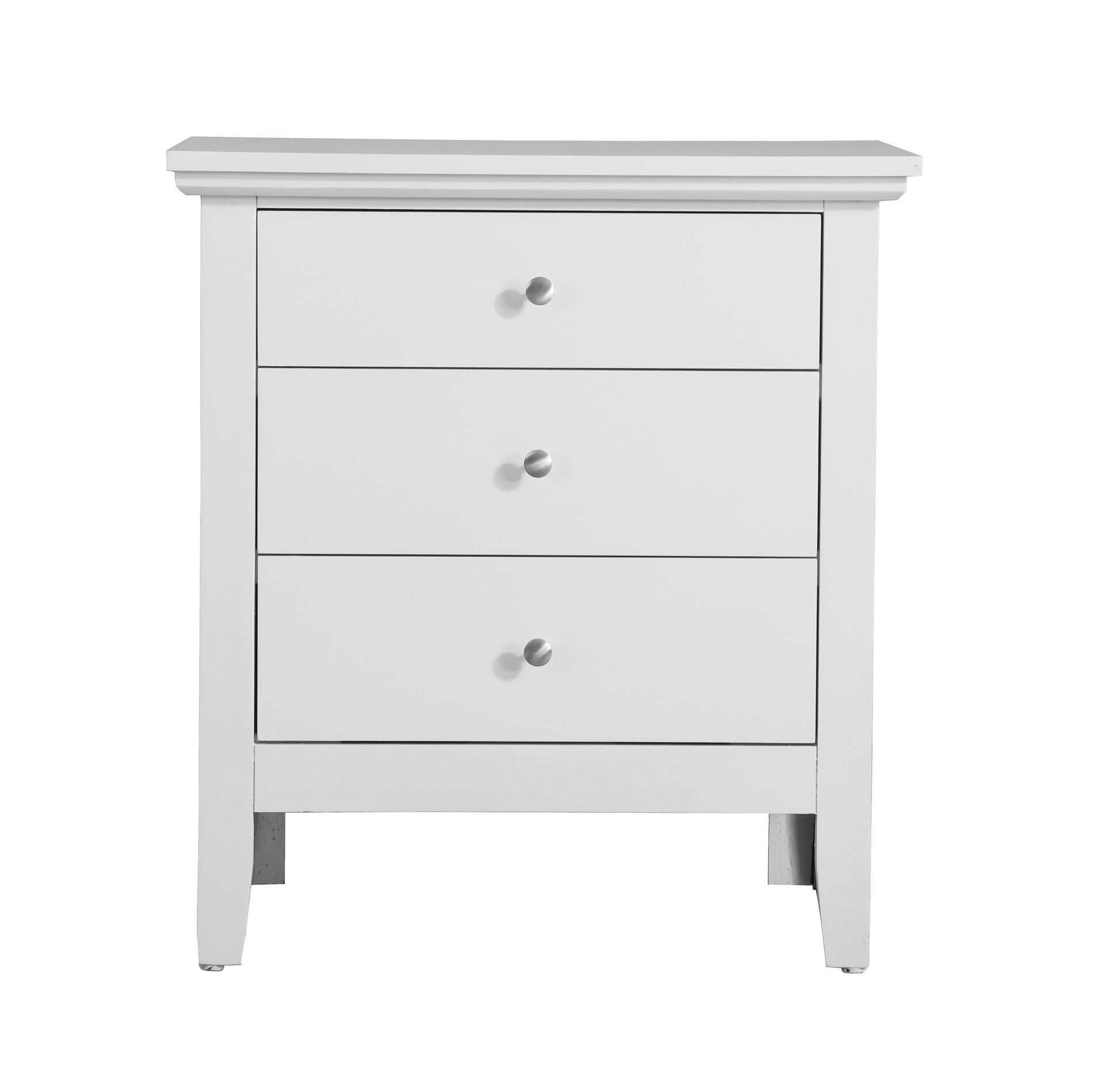 White threedrawer nightstand with silver knobs