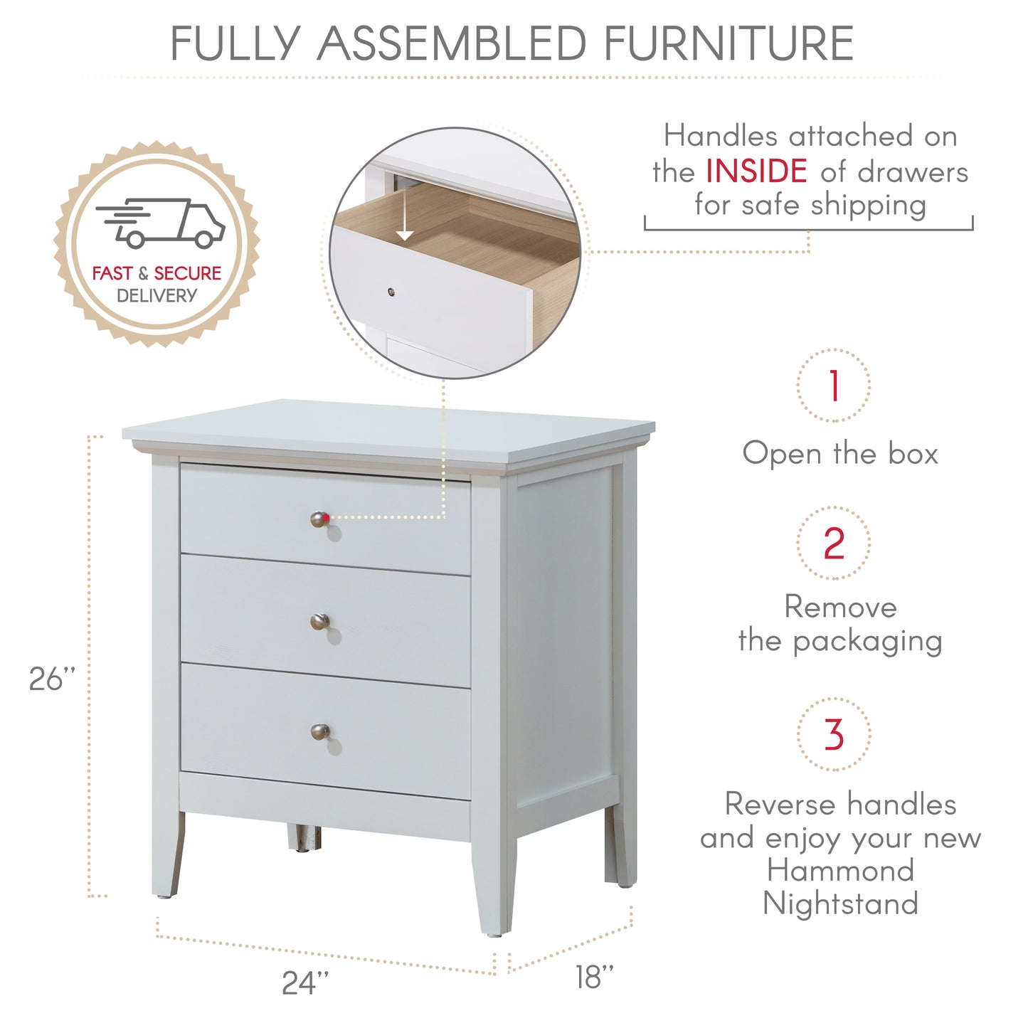 White bedside table with three drawers dimensions xx inches