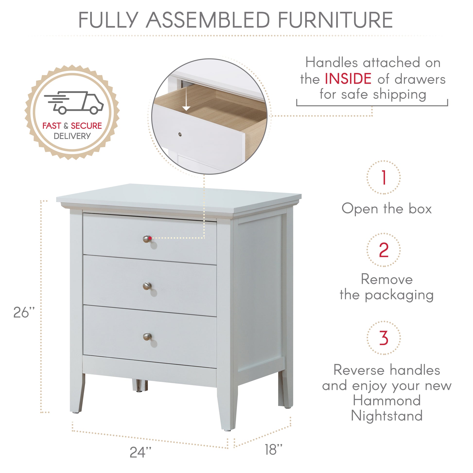 White bedside table with three drawers dimensions xx inches