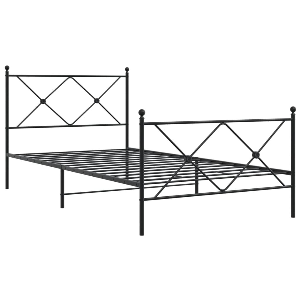 Black metal bed frame with diamondshaped detailing on headboard and footboard