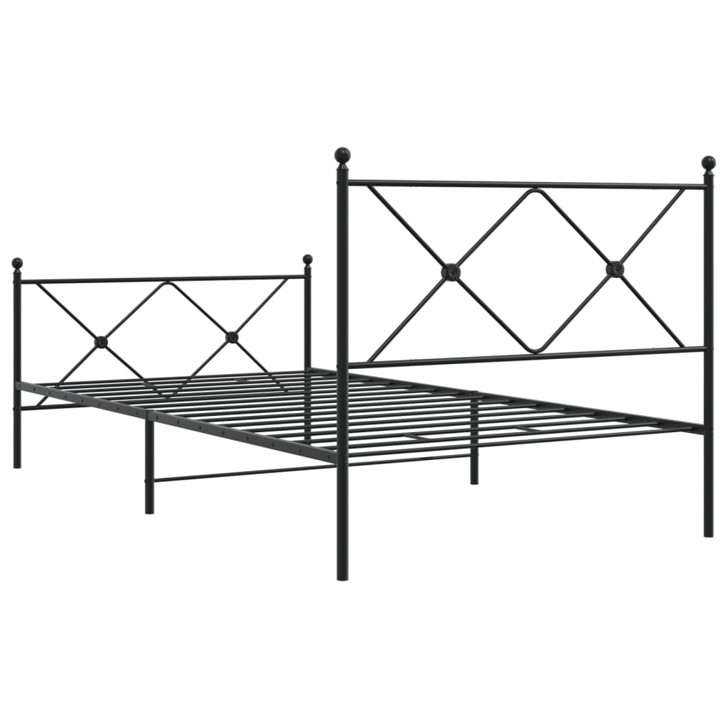 Black metal twin bed frame with decorative headboard and footboard
