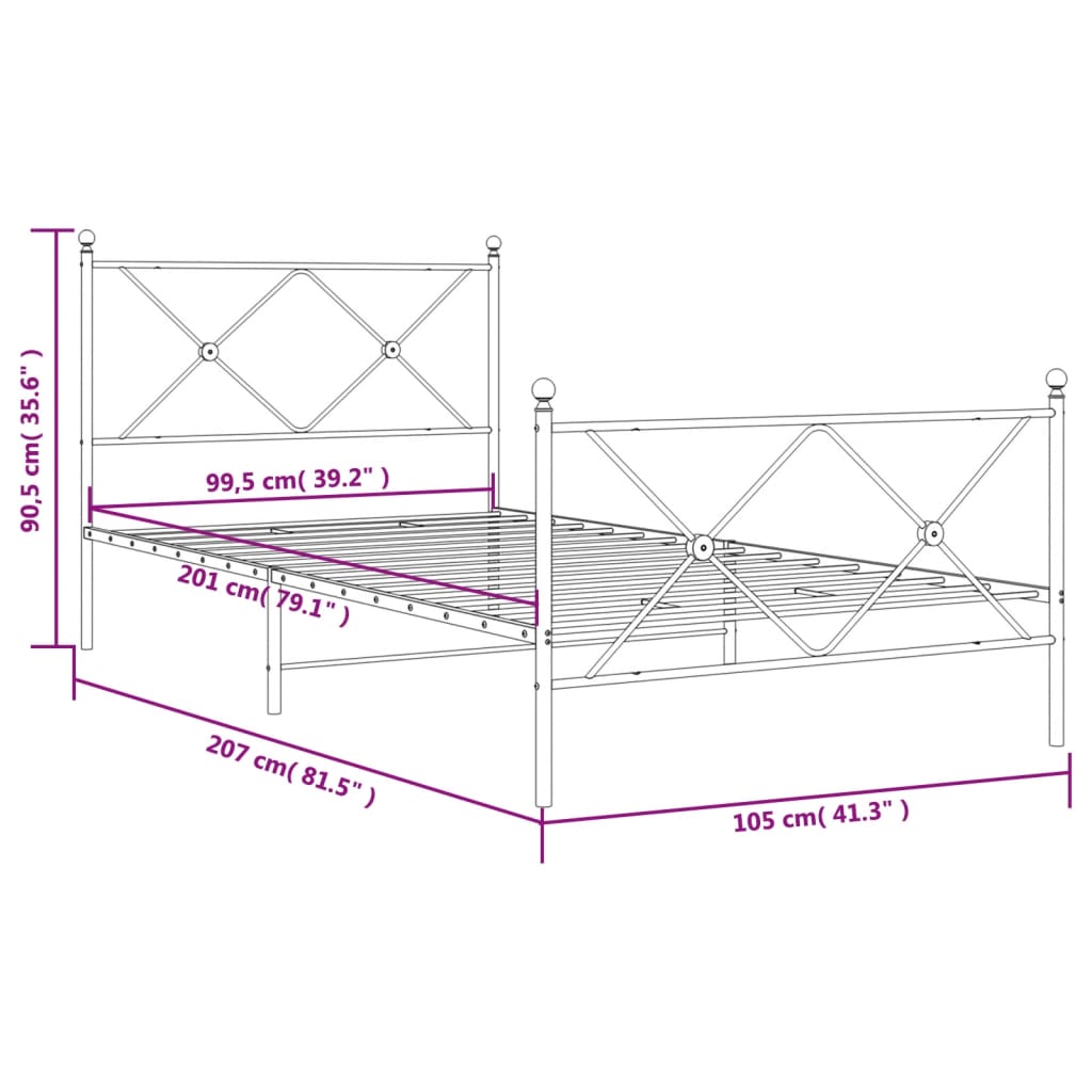 Closeup of black metal bed frame with ornate finial and crosshatch design