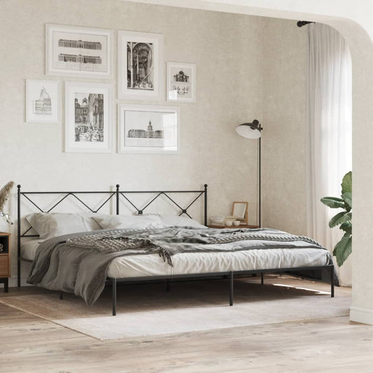 Black metal bed frame with geometric headboard design