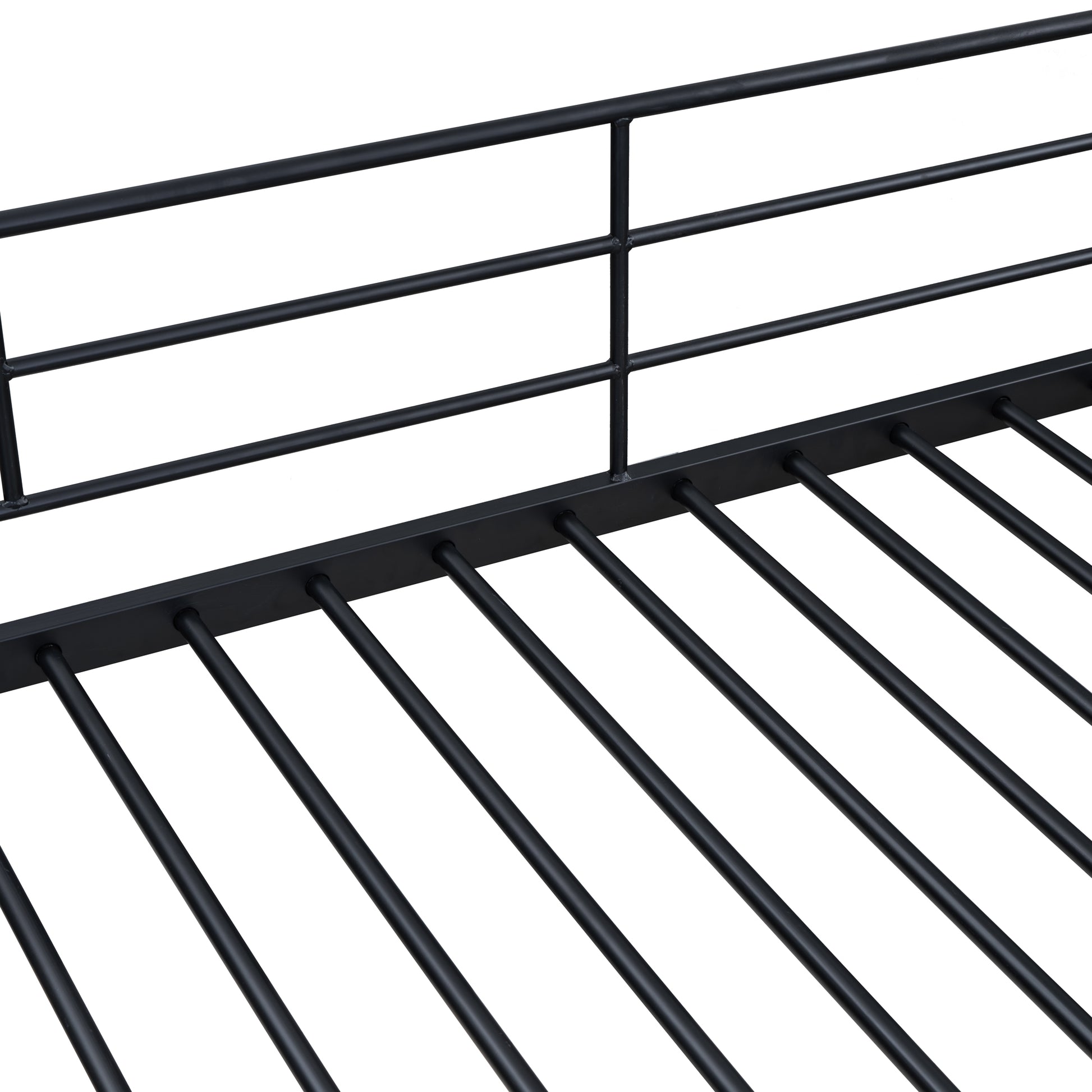 Black metal bed frame with horizontal slats