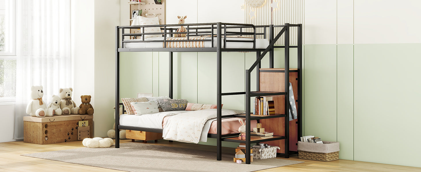 Black metal bunk bed with stairs and storage shelves
