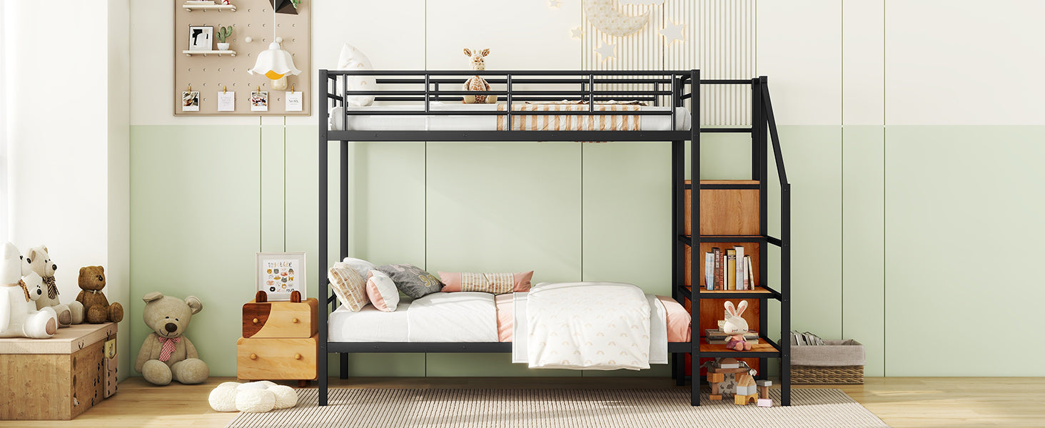 Black metal twin over twin loft bed with wooden shelving unit