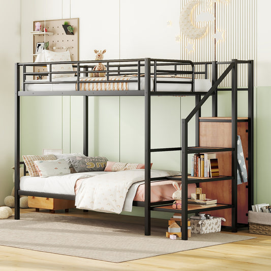 Black metal twin loft bed with stairs and integrated shelving