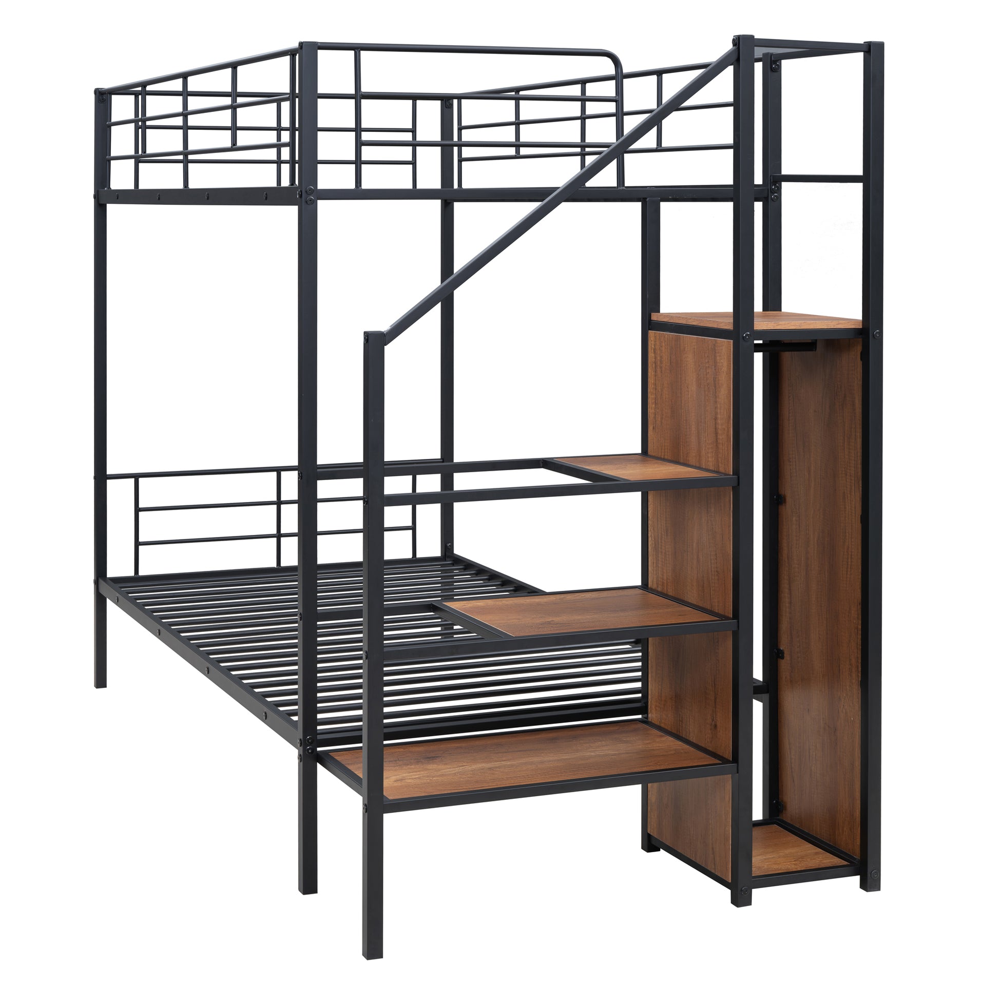 Black metal bunk bed with wooden shelves and a ladder