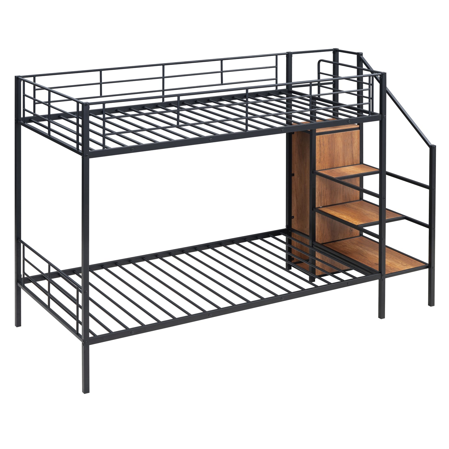 Black metal bunk bed with wooden shelving integrated into the ladder