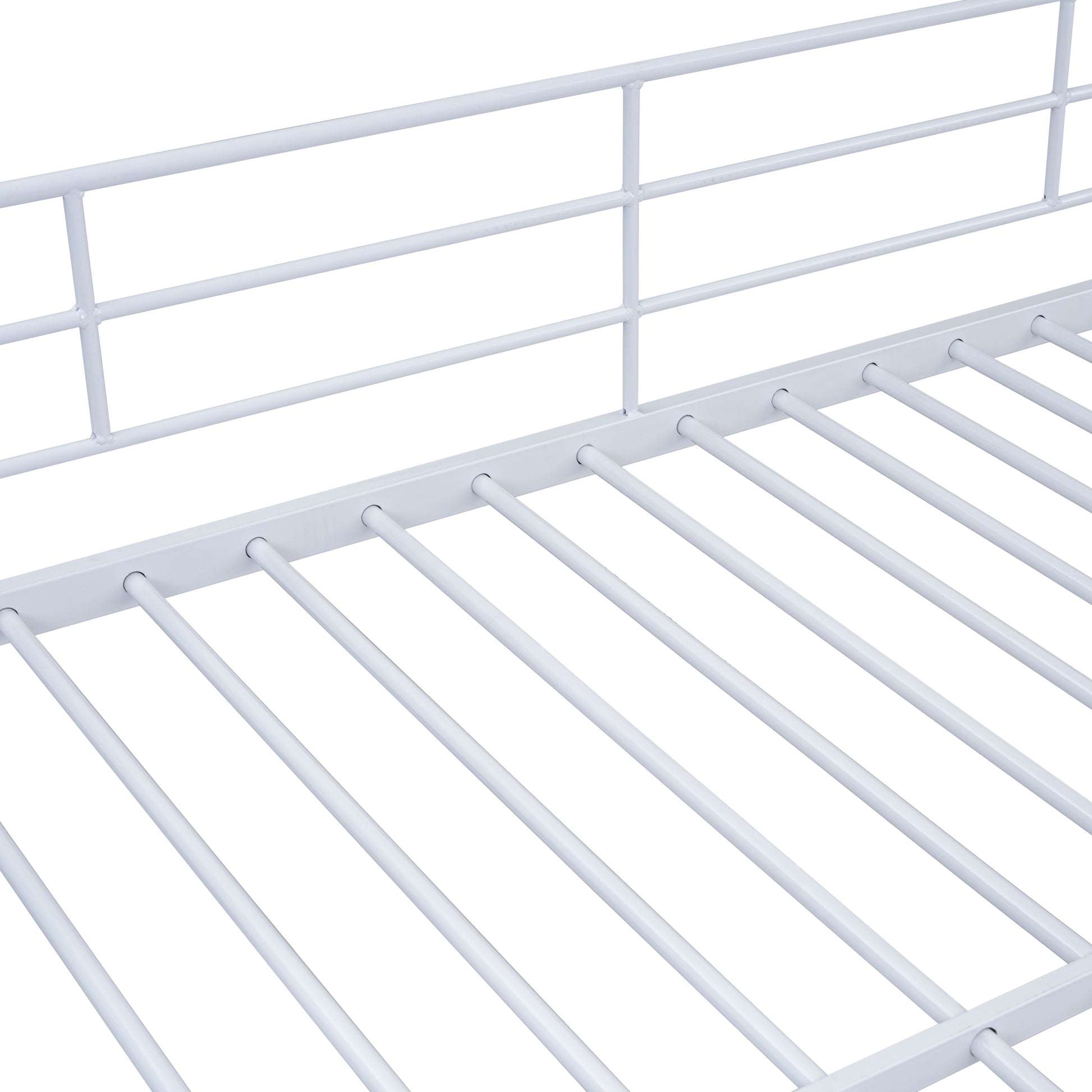 White metal bed frame showing horizontal slats