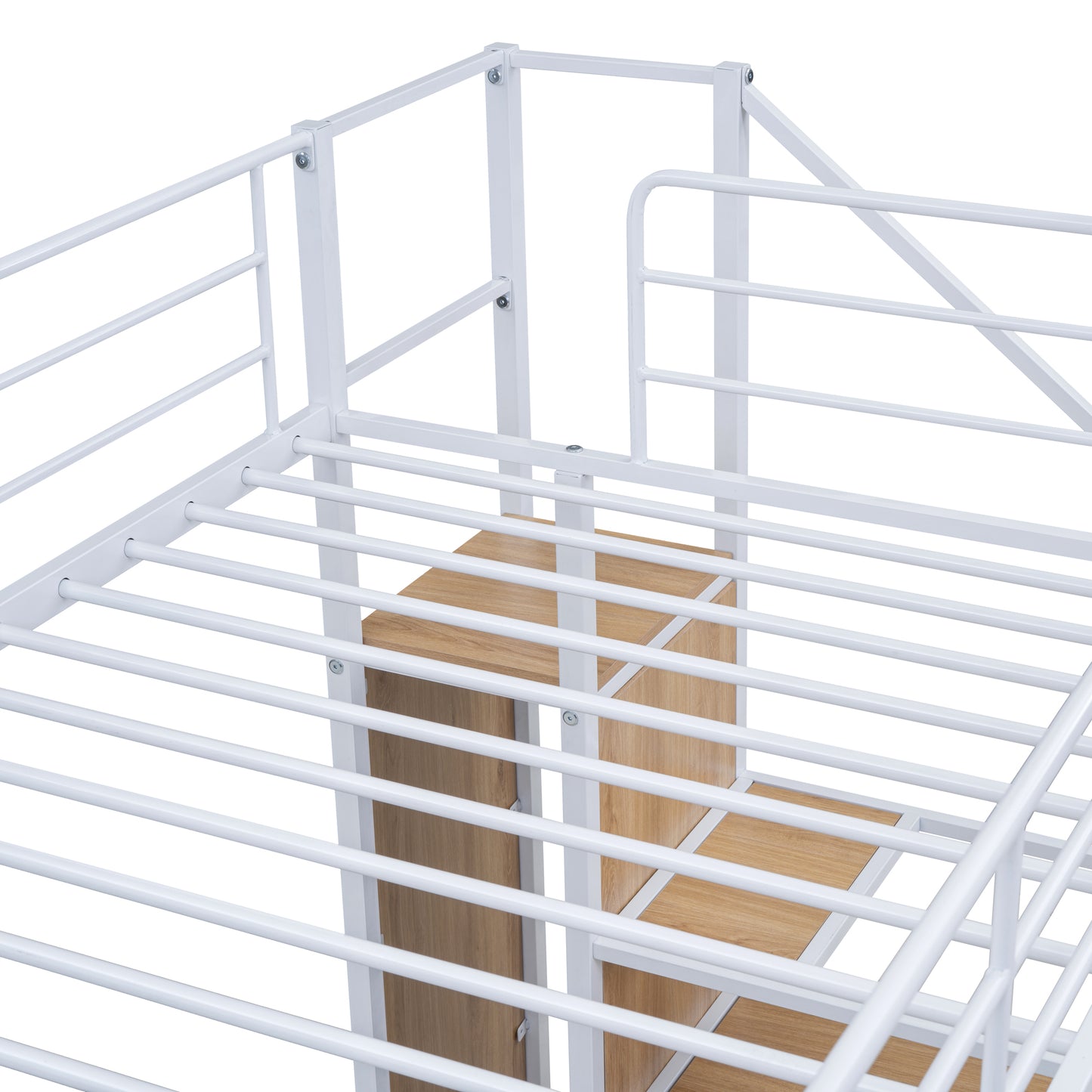 White metal bunk bed frame with wood grain shelves