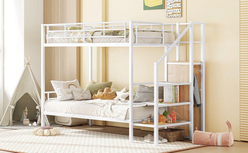 White metal twin over twin bunk bed with ladder and storage shelves