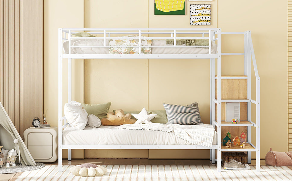 White metal bunk bed with integrated storage shelves and ladder perfect for kids rooms