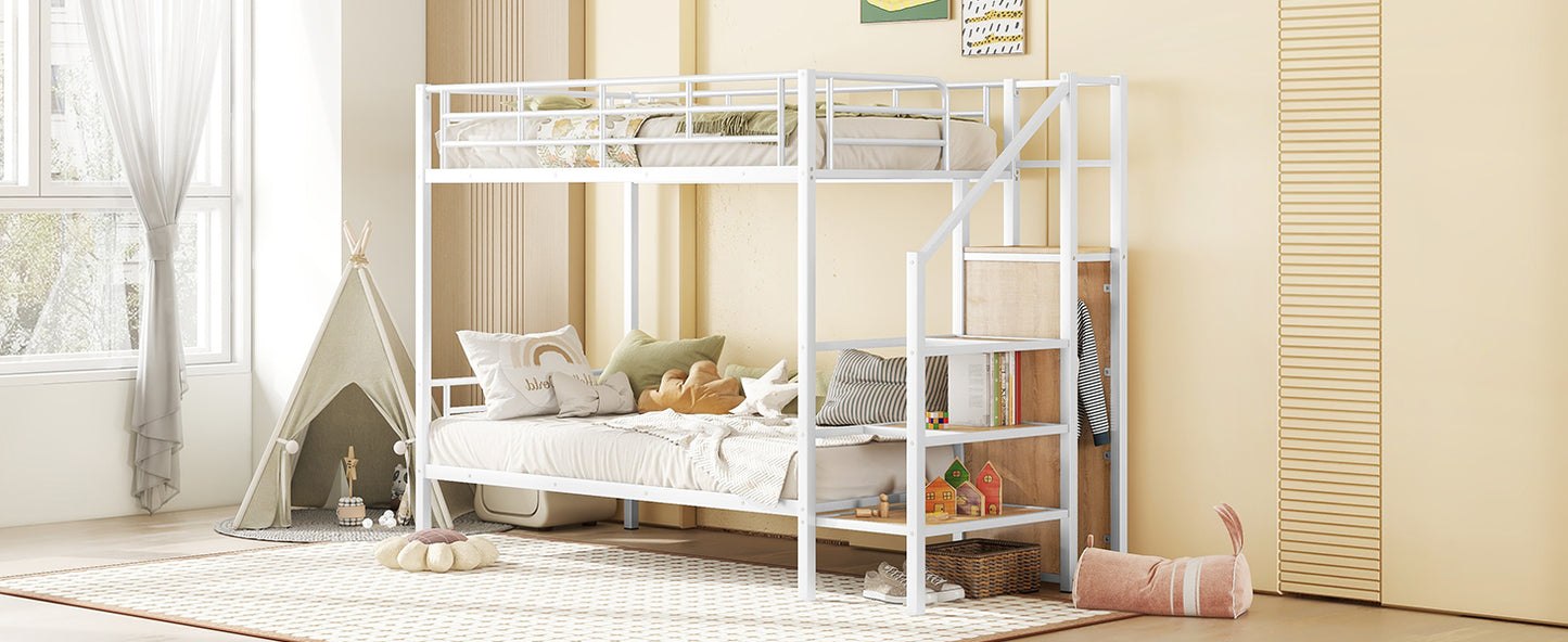 White metal twin over twin bunk bed with integrated ladder and shelves
