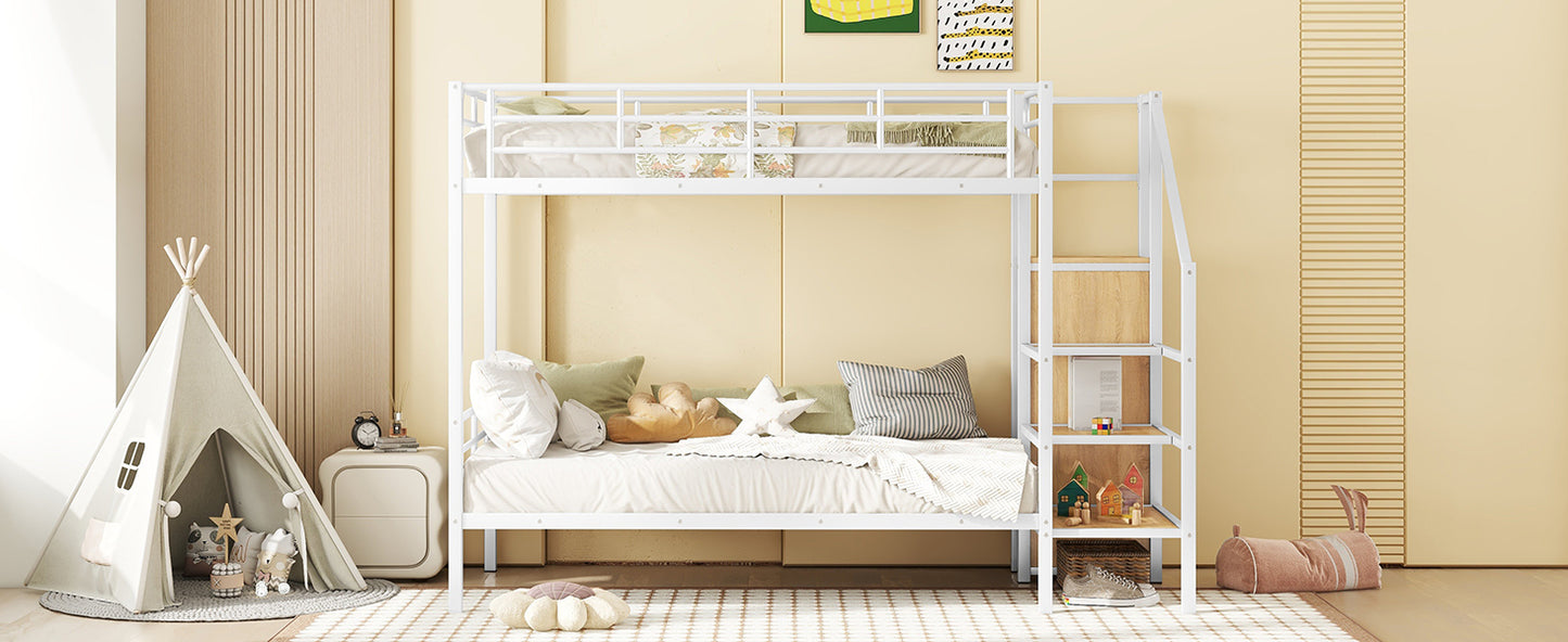 White metal bunk bed with ladder