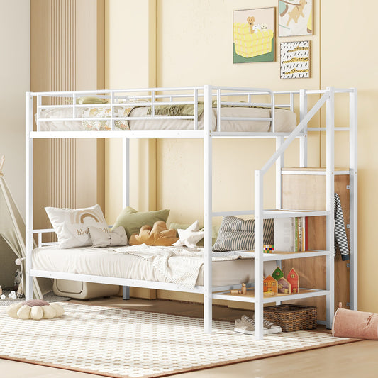 White metal twin over twin bunk bed with integrated ladder and storage shelves