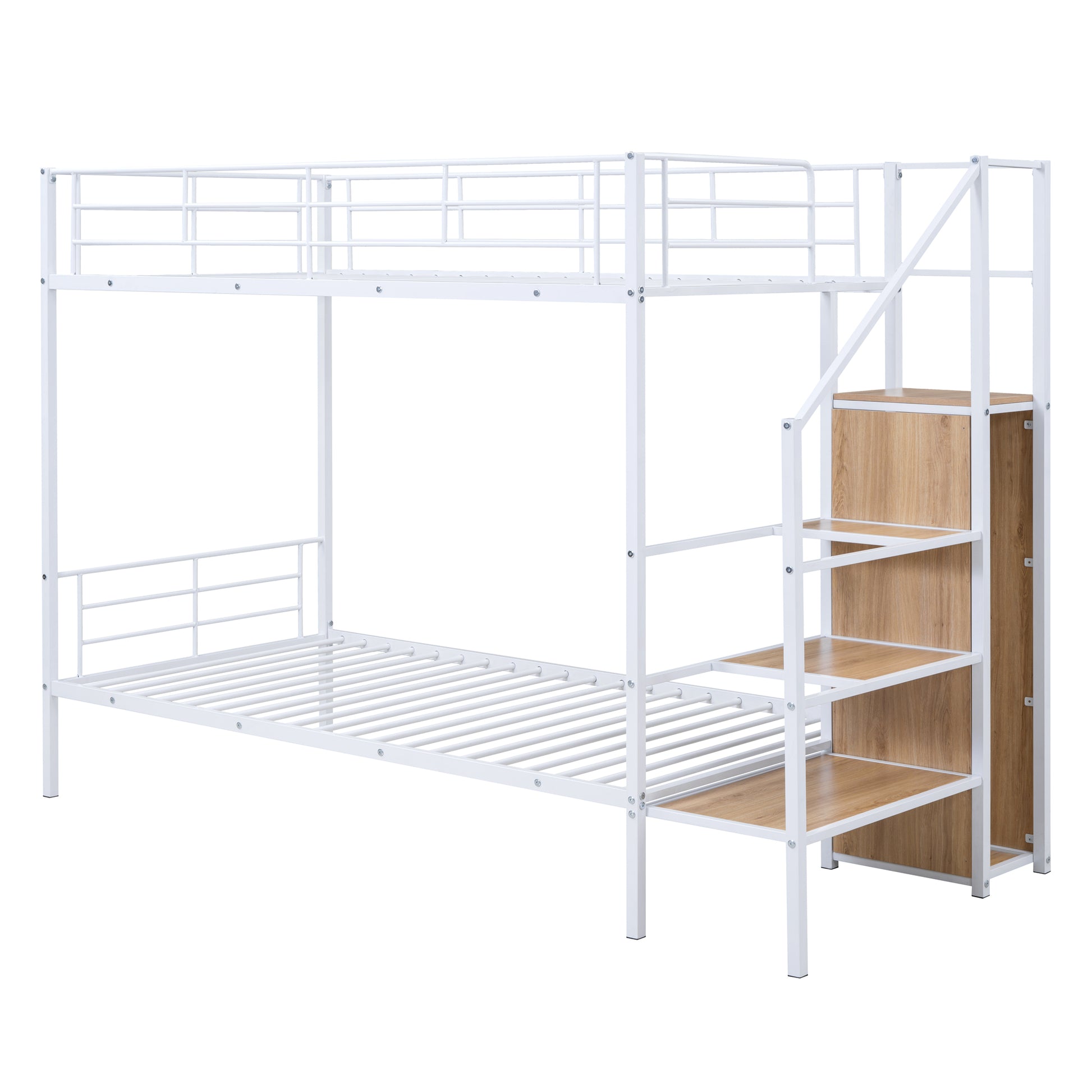 White metal bunk bed with wooden integrated stairs and storage