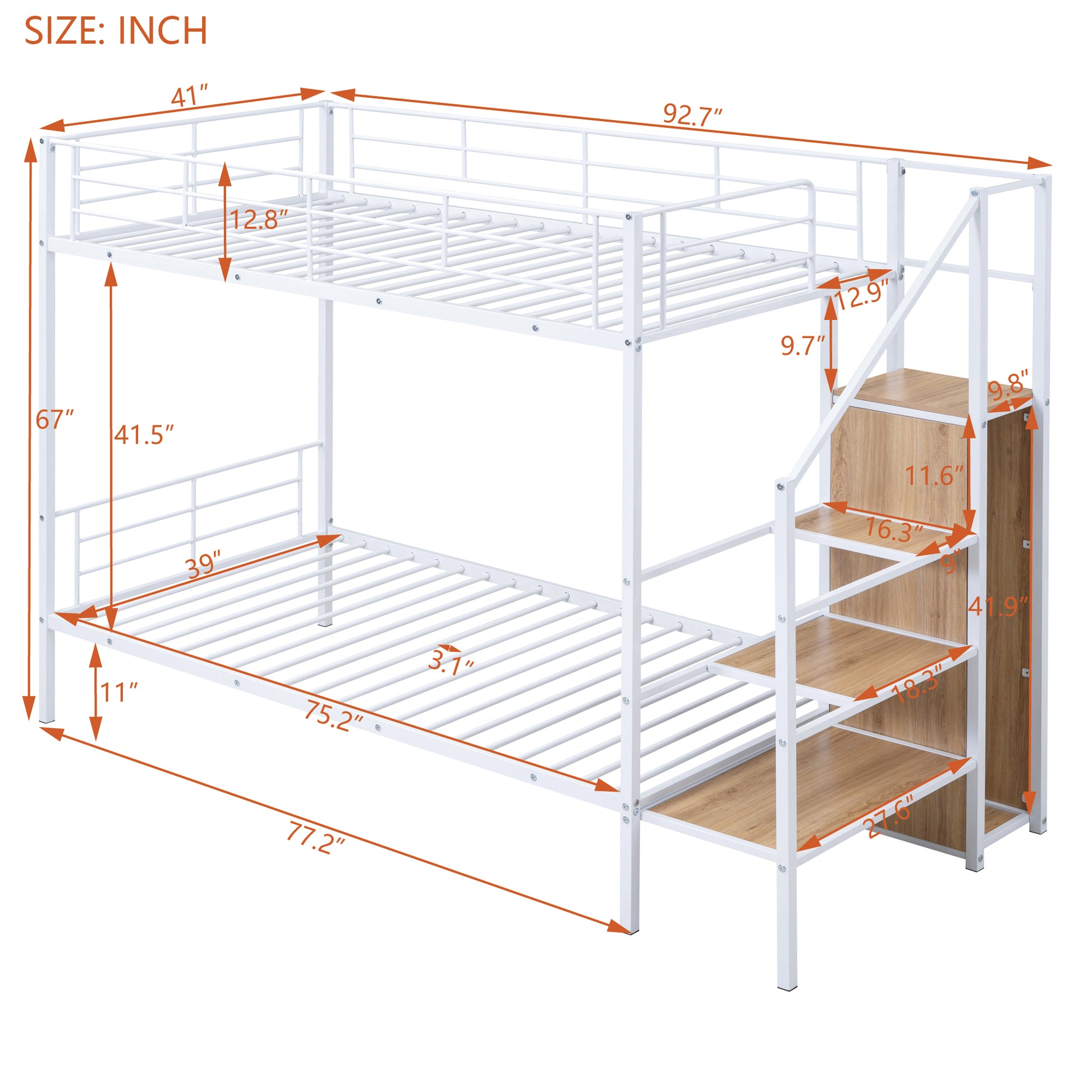White metal bunk bed with integrated wooden stairs and storage shelves