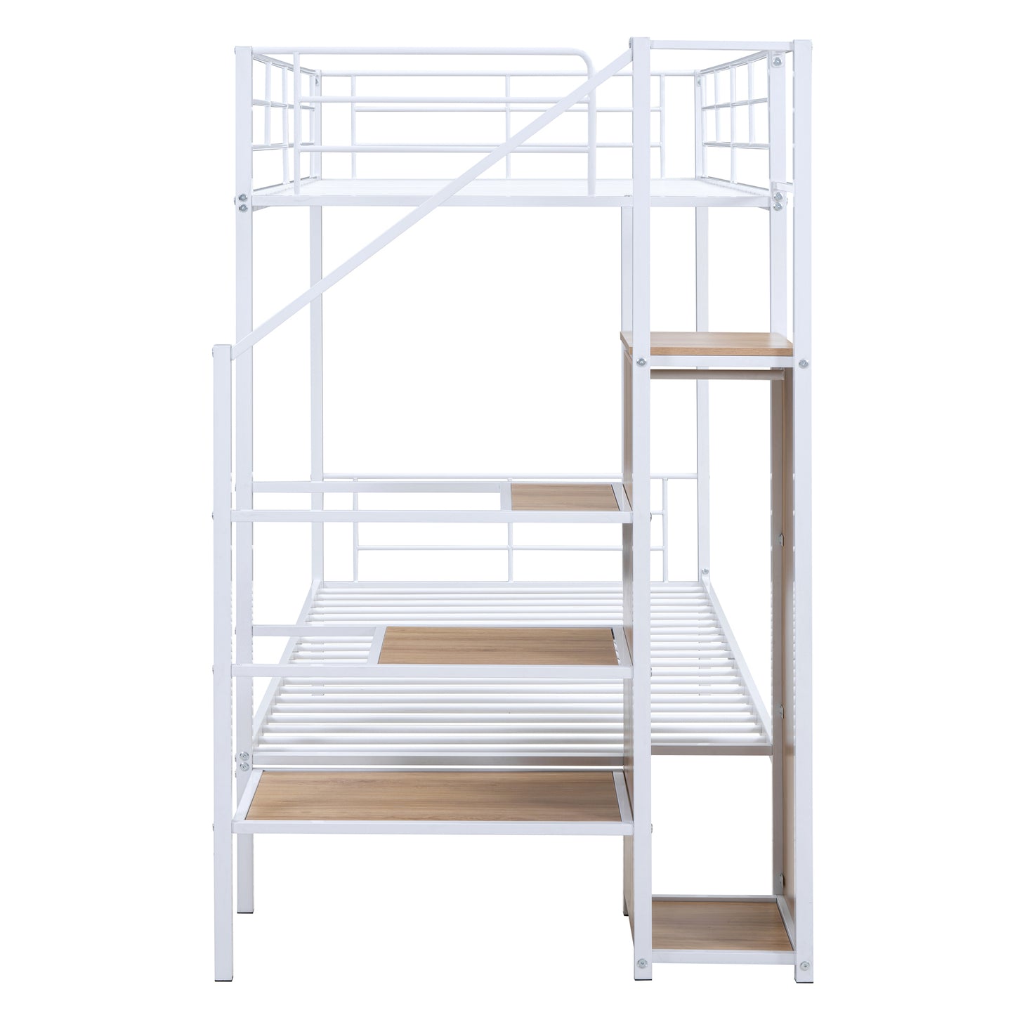 White metal bunk bed with wooden accents