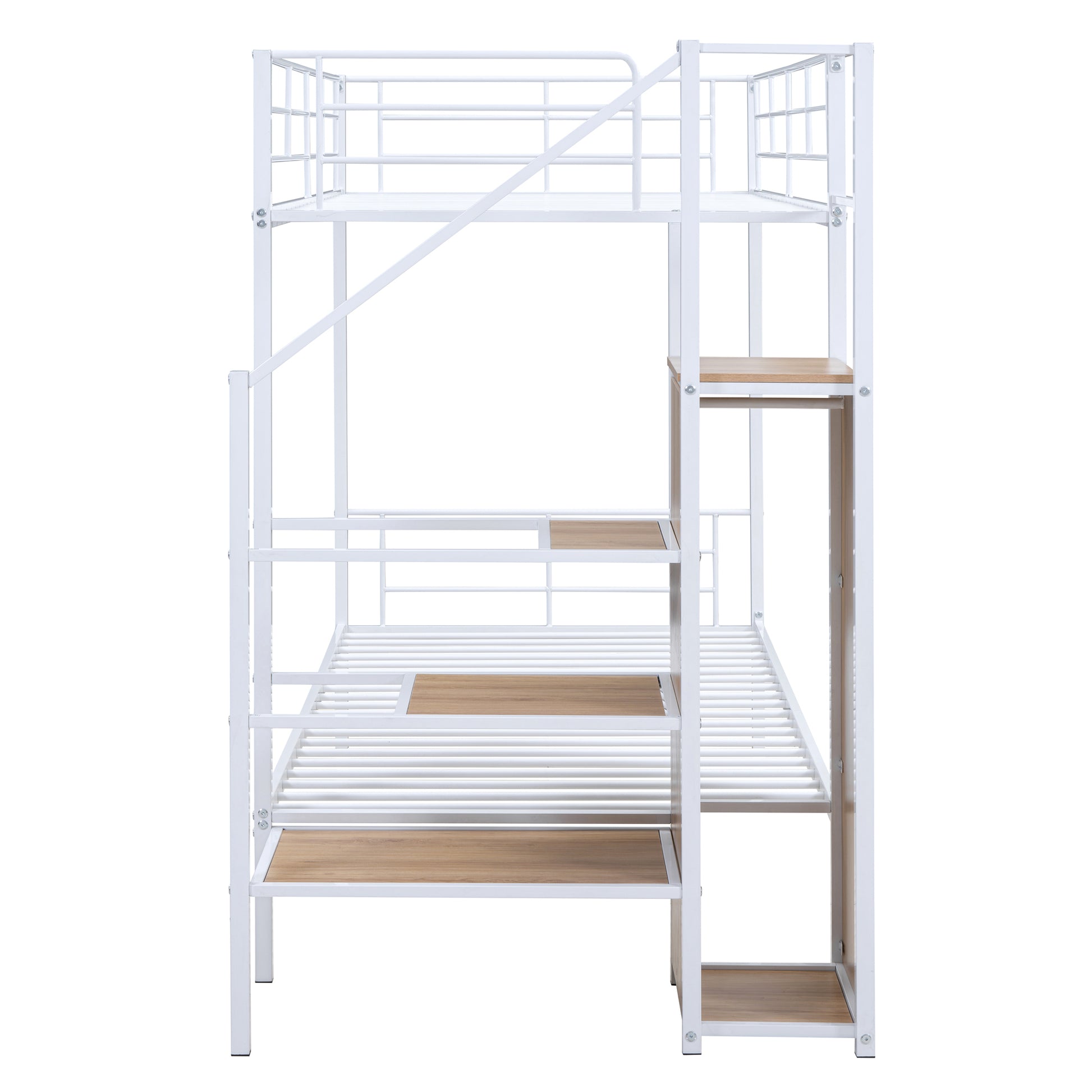 White metal bunk bed with wooden accents