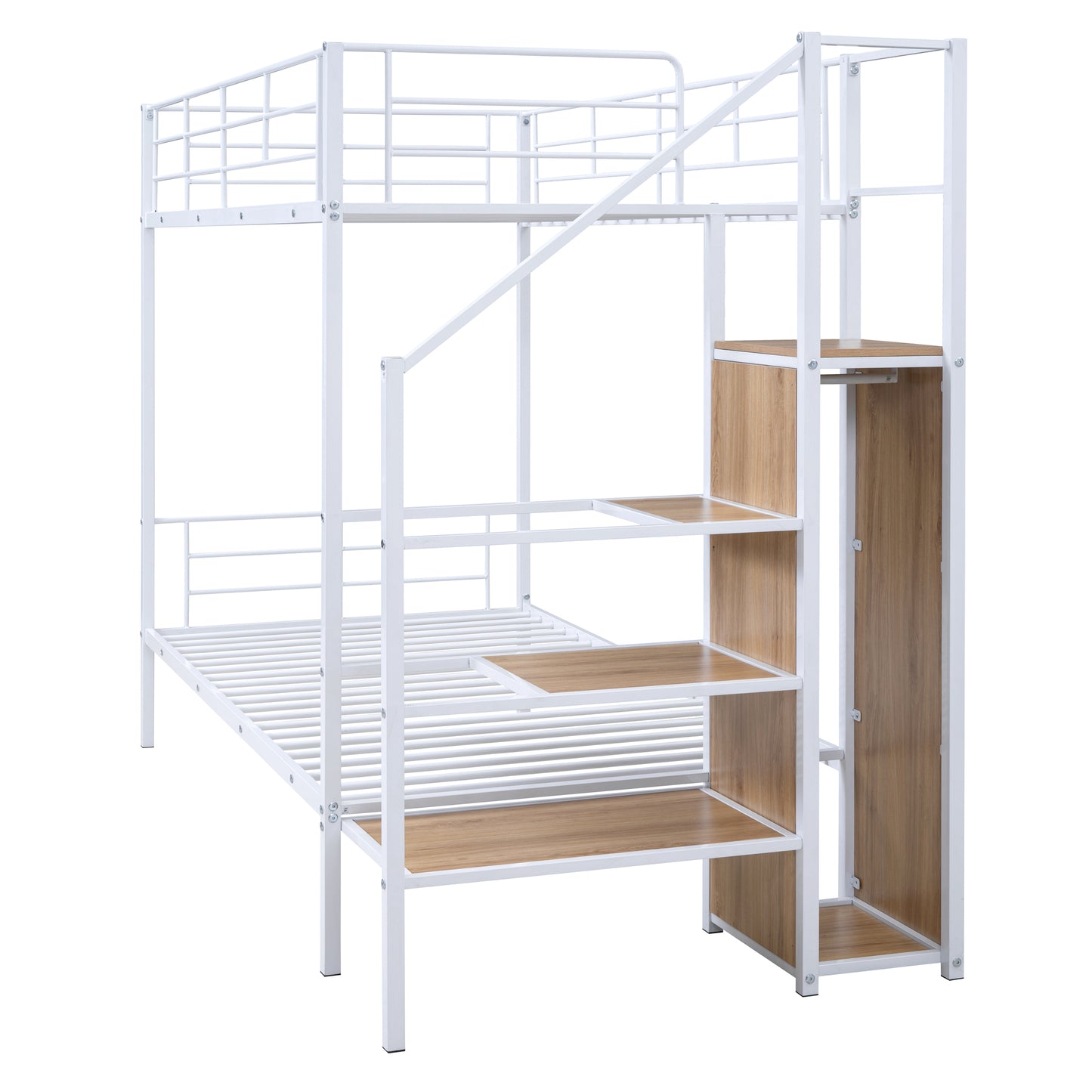 White metal twin over twin bunk bed with integrated wooden stairs and shelves