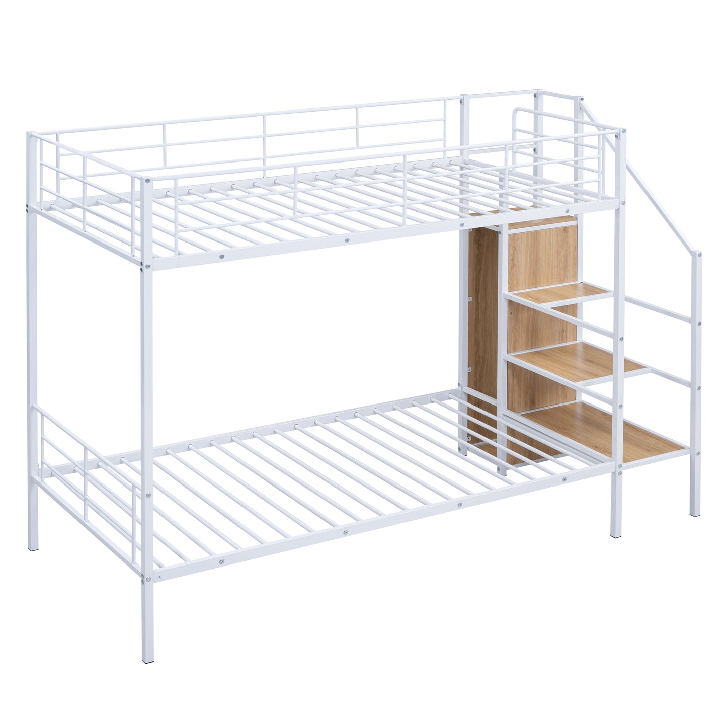 White metal bunk bed with integrated wooden shelves and stairs