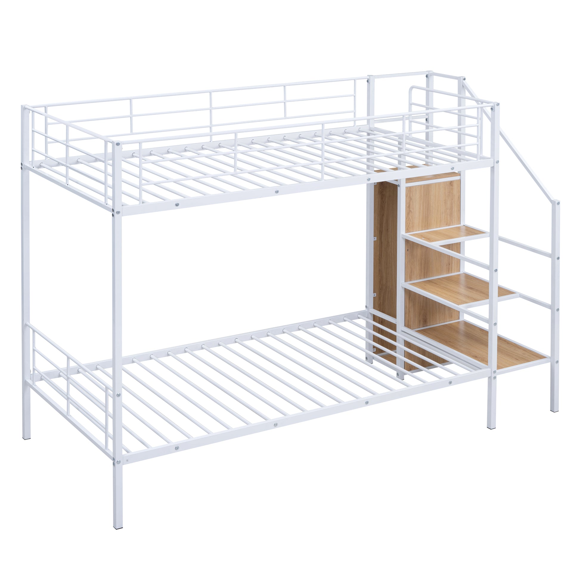 White metal bunk bed with integrated wooden shelves and stairs